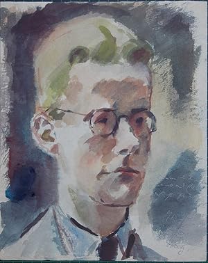 Kopfportrait eines jungen Mannes mit Brille. Aquarell in impressionistischer Malweise. Rechts unt...