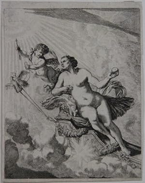 Venus und Amor. Venus in einer Sänfte in den Wolken, in der linken Hand den Apfel, geführt vom ge...