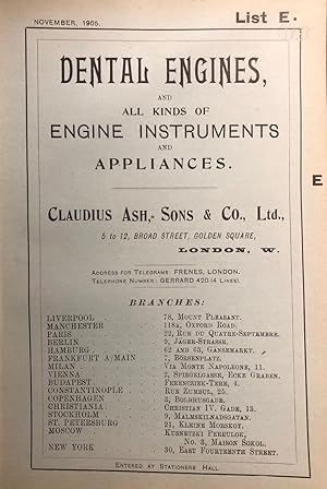 DENTAL ENGINES, AND ALL KINDS OF ENGINE INSTRUMENTS AND APPLIANCES. List E. Early Dental Trade Ca...