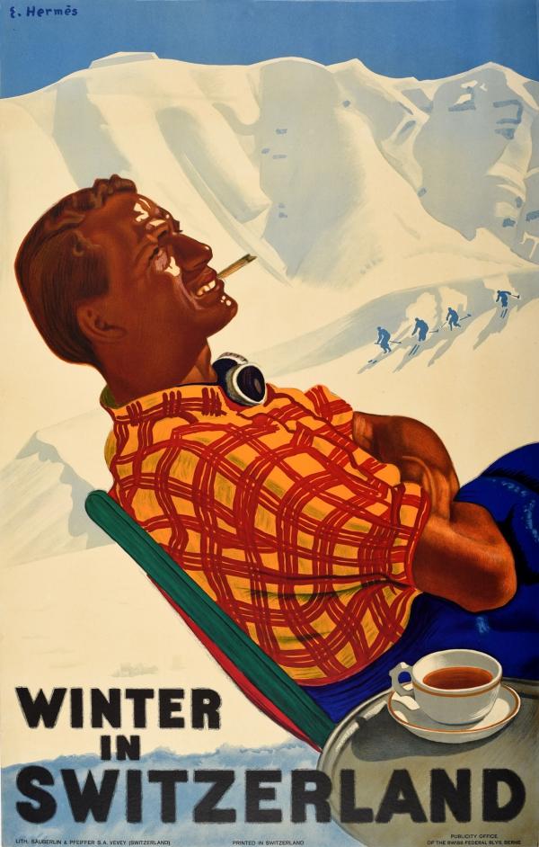 GIRL DOWNHILL SKIING SKI FUN DAVOS SWITZERLAND WINTER SPORT VINTAGE POSTER REPRO