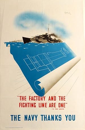 War Poster Factory and Fighting Line Royal Navy Churchill WWII