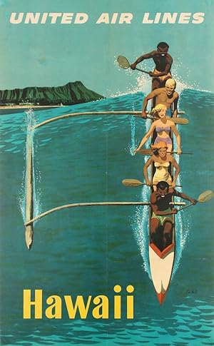 Travel Poster Hawaii Outrigger United Airlines Canoe Surfing