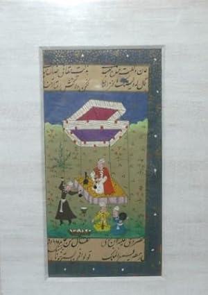 Mogulmalerei, Indien 18./19. Jh., Miniatur in Temperamalerei auf Papier, Fürst unter Baldachin si...