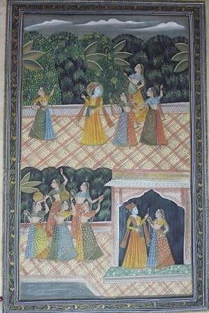 Handgemalte indische Malerei, auf Seide. Lakshmi sowohl im Ober- als auch im Erdgeschoss eines Pa...