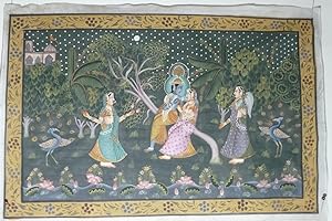 Handgemalte indische Malerei, auf Stoff. Vishnu flirtet nachts mit Frau; sie werden beobachtet vo...