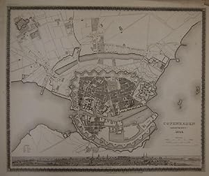 (Plan von) Copenhagen (Kiöbenhaven). 1844. Gestoch. Stadtplan. Darunter Panoramaansicht der Stadt...