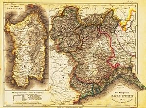 Das Königreich Sardinien 1851. Die Insel Sardinien. Grenzkolor. Stahlstich-Karte des Bibl. Inst. ...