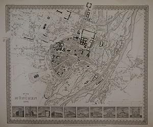 Plan von München. 1844. Gestoch. Stadtplan mit 10 Teilansichten. 33,8 x 40,5 cm. (aus Meyer's Han...