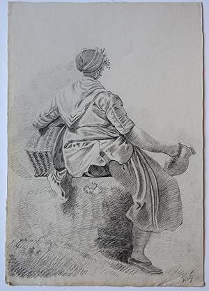 Sitting woman holding a jug. (Zittende vrouw/boerin met een kan in de hand).