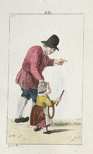 Handgekleurde ets/Handcolored etching: Man with hat and child [plate 20 from "Zinspelende gedigje...