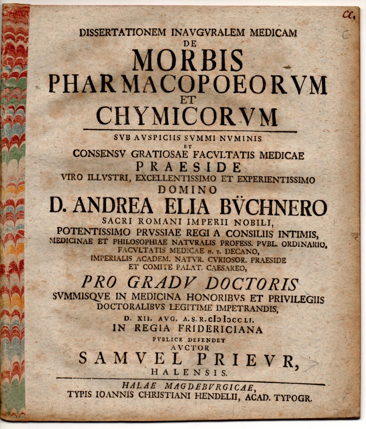 Medizinische Inaugural Dissertation De morbis pharmacopoeorum et chymicorum Prieur Samuel