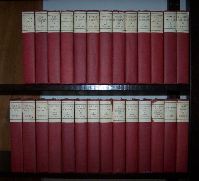 Works of Charles Dickens in 30 volumes. With illustrations by J. Mahoney. [v.1] The adventures of Oliver Twist. [v.2-3 fehlt!] The personal history of David Copperfield. [v.4-5] Our mutual friend. [v.6] Great expectations. [v.7-8] Little Dorrit. [v.9-10] The life and adventures of Martin Chuzzlewit. [v.11-12] The life and adventures of Nickolas Nickelby. [v.13] A tale of two cities. No thoroughfare. [v.14-15] Dealings with the firm of Dombey and Son. [v.16-17] The old curiosity shop. Pictures from Italy. Plays. [v.18] Christmas books. [v.19] Sketches by Boz. [v.20-21] The posthumous papers of the Pickwick Club. Master Humphrey s clock. [v.22-23] Bleak House. [v.24] The uncommercial traveller. A lazy tour of two idle apprentices. The lamplighter. [v.25-26] Barnaby Rudge. American notes. The mudfog and other sketches. [v.27] Reprinted pieces. The mystery of Edwin Drood. [v. 28 fehlt!] A child s history of England. [v.29] Christmas stories. [v.30] Hard times. Sketches of young gentlemen. - Dickens, Charles