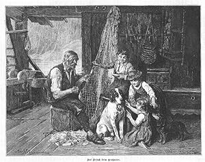 Fischer: Fischer rapariert Netz mit Kindern "auf Besuch beim Großvater", Holzstich, um 1887, 18x2...