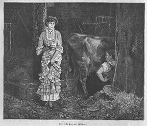 Rinder, im Kuhstall bei der Milchkur, Holzstich, um 1883, 16x19 cm Bildformat