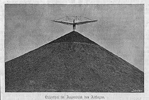 Flugmaschine: Lilienthal im Augenblick des Abfluges, Holzstich, um 1896, 7x12 cm Bildformat