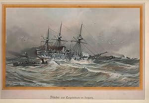 Blücher und Torpedoboote im Seegang, Farblithographie, 1894, 24x38 cm Bildformat