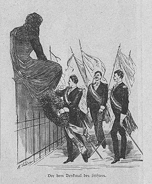 Studenten in Berlin, vor dem Denkmal des Stifters, Holzstich, um 1885, 10x8 cm Bildformat