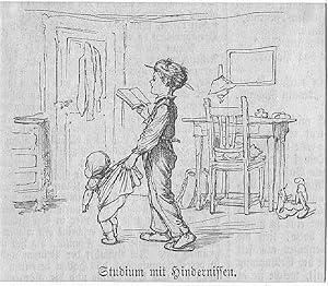 Studium mit Hindernissen, Holzstich, um 1860, 7x8 cm Bildformat