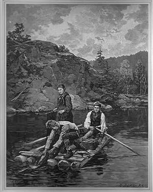 Fischer: Fischer auf einem Floß in Norwegen, Holzstich, um 1889, 29x22 cm Bildformat