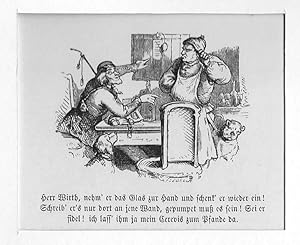 Gasthaus: Gast will anschreiben lassen, Holzstich, um 1880, 7x9 cm Bildformat