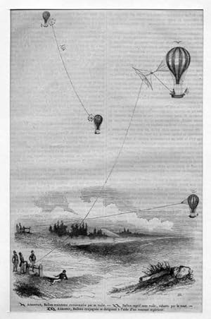 Ballon: mehrere Fesselballons, Holzstich, um 1844, 23x15 cm Bildformat