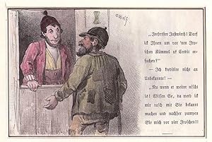 Gasthaus: Gastwirt gibt einem Unbekannten nichts auf Kredit, Lithographie, um 1840, koloriert, 10...