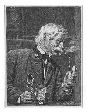 Bier: Stiller Genießer mit Bierkrug und Pfeife, Holzstich, um 1880, 13x10 cm Bildformat