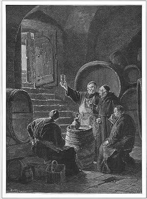 Wein: Goldklar, Mönche im Weinkeller, Holzstich, um 1894, 20x15 cm Bildformat