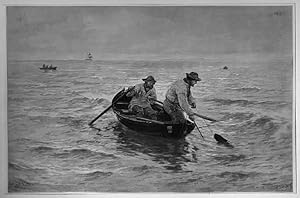 Fischer: 2 Angler im Ruderboot auf dem Meer, Holzstich, um 1895, 21x32 cm Bildformat