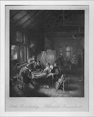 Gasthaus: Holländische Bauernschenke, Stahlstich, um 1850, 15x13 cm Bildformat