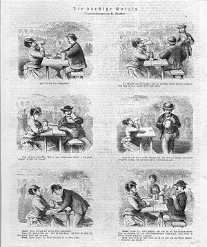 Bier: Die durstige Gattin, 6 Szenen, Holzstich, um 1874, 29x23 cm Bildformat