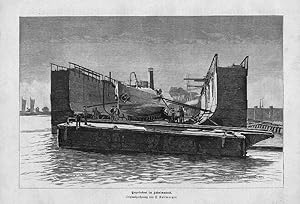 Torpedoboot im Schwimmdock, Holzstich, um 1887, 17x26 cm Bildformat