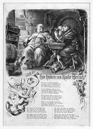 Wein: Zwei Klosterbrüder beim Weintrinken mit Gedicht, Holzstich, um 1878, 27x20 cm Bildformat