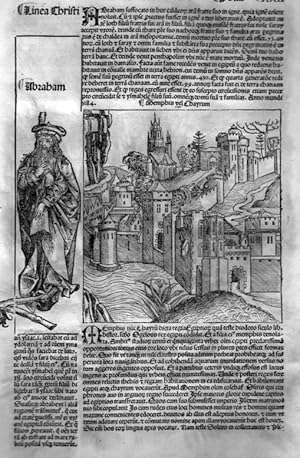 Weltchronik: Ansicht, Stadtbeschreibung und Abraham. Umseitig Opferszene des Abraham mit dem Widd...