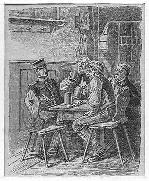 Bier: 3 Männer und 1 Soldat beim Biertrinken, Holzstich, um 1885, 7x6 cm Bildformat