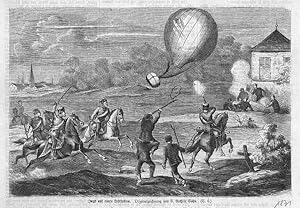 Ballon: Jagd auf einen Luftballon, Holzstich, um 1871, 15x22 cm Bildformat