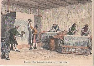 Tuchmacher, in seiner Werkstatt, Holzstich, um 1880, dekorativ koloriert, 9x12 cm Bildformat