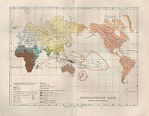 WELTKARTE, Ethnographische Karte, Farblithographie, um 1899, 20x26 cm Bildformat