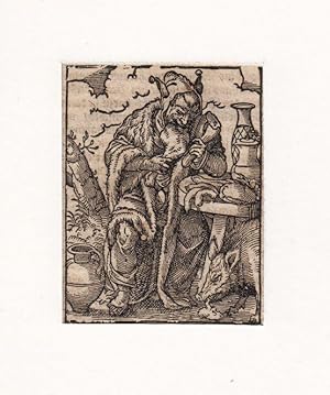 Fressender Narr (Vielfraß), Holzschnitt, um 1568, Originalabdruck aus der Offizin des Matthaeus M...