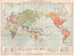 WELTKARTE, Sprachenkarte, Farblithographie, um 1899, 21x27 cm Bildformat