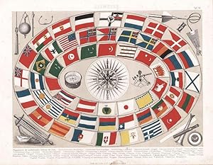 Seewesen: Flaggenkarte der seefahrenden Nationen, Farblithographie, um 1874, 23x30 cm Bildformat