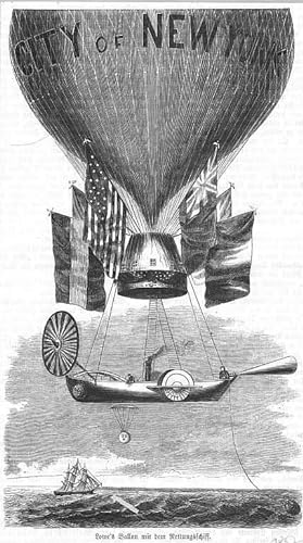 Ballon: Lowe's Ballon mit dem Rettungsschiff, Holzstich, um 1857, 21x12 cm Bildformat