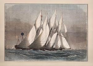 Segelschiffe Variante 11, Holzstich, um 1860, dekorativ koloriert, 24x34 cm Bildformat