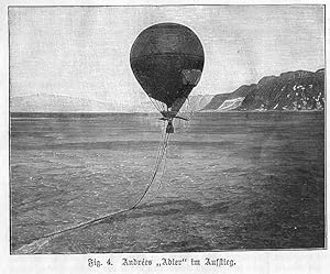 Ballon: Andrées "Adler" im Aufstieg, Holzstich, um 1899, 9x11 cm Bildformat