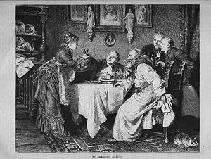 Wein: Bei Hochwürden zu Tisch mit Wein, Holzstich, um 1877, 18x22 cm Bildformat