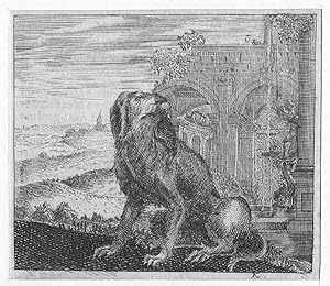 Hunde, sitzender Hund vor antiker Ruine, Kupferstich, um 1800, 10x12 cm Bildformat