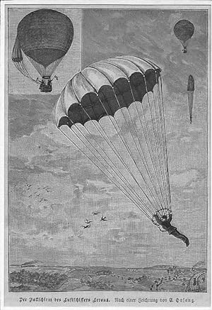 Ballon: Der Fallschirm des Luftschiffers Leroux, Holzstich, um 1889, 14x10 cm Bildformat