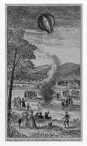 Ballon: Erstes Experiment mit der Montgolfiere zu Annonay am 5. Juni 1783, Holzstich, um 1897, 13...