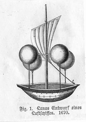 Luftschiff: Lanas Entwurf eines Luftschiffes 1670, Holzstich, um 1899, 7x5 cm Bildformat