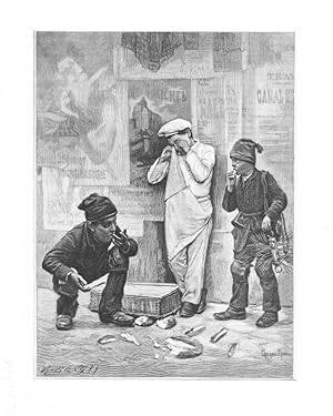 Kaminkehrer: Junge Kaminkehrer essen das heruntergefallene Gebäck des Bäckers, Holzstich, um 1880...